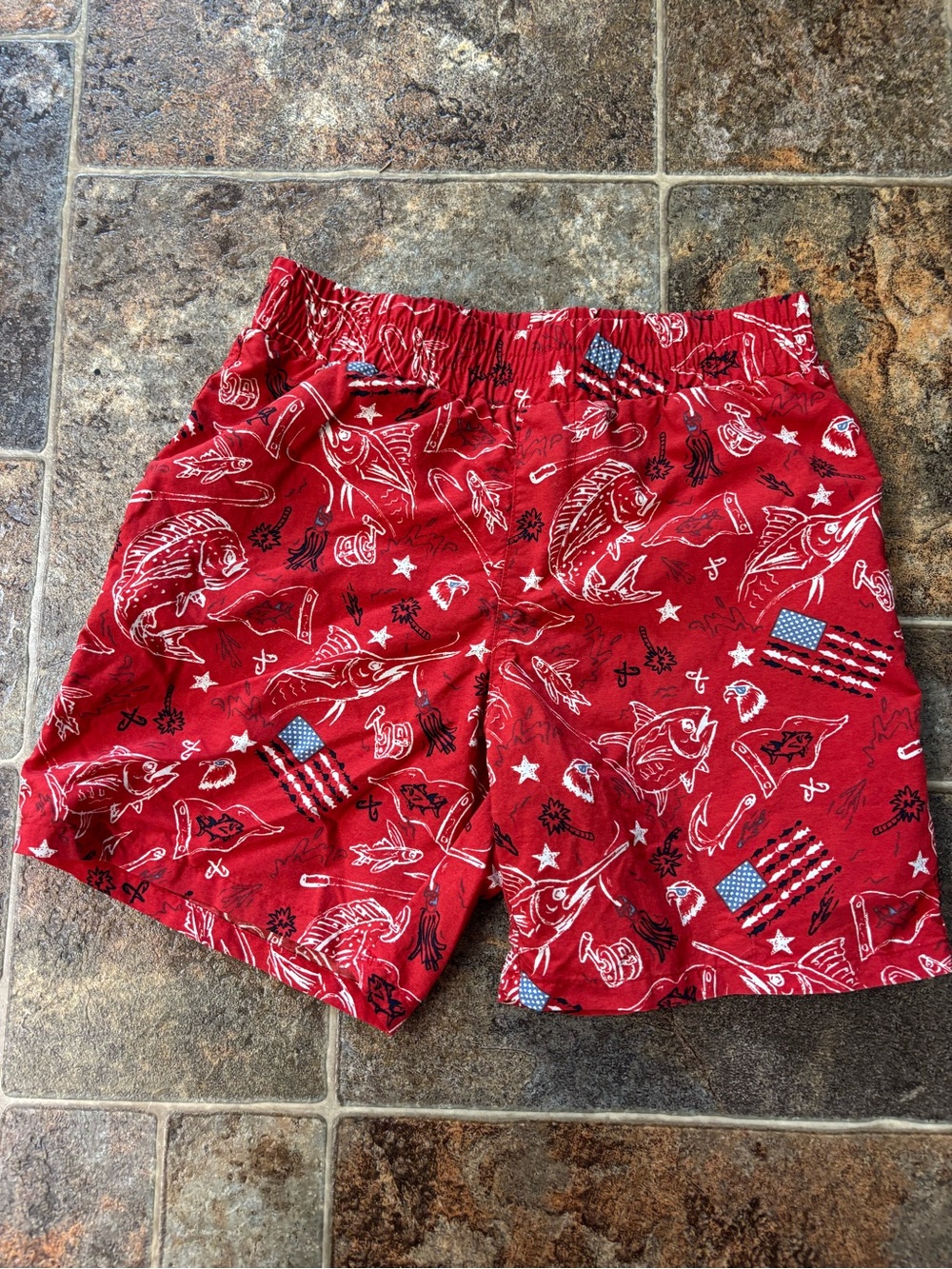 Columbia Kids Red Printed Swim Shorts with Patriotic Fish Motif